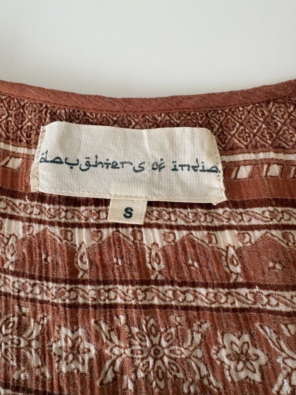 Daughters of India Boho Mini Dress Cotton Lurex Rust Print Small - Picture 2 of 7